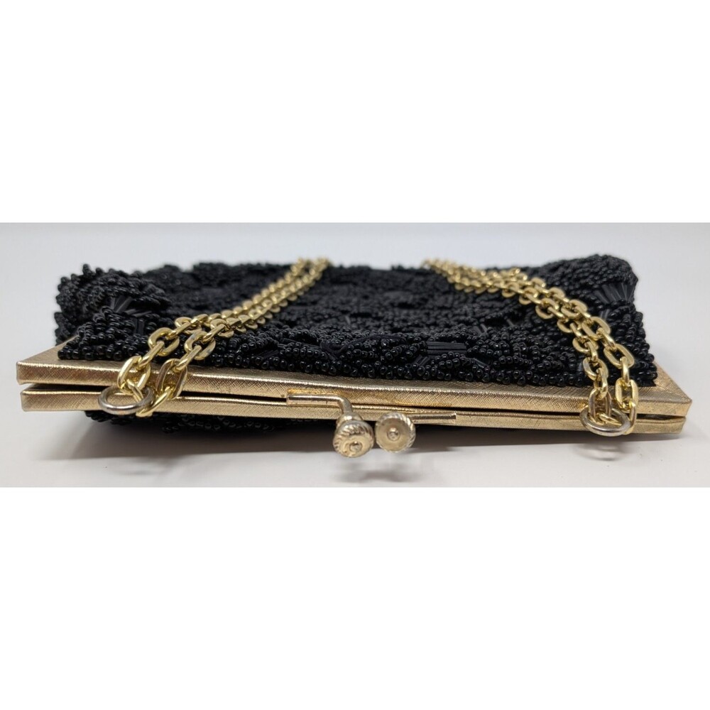 Vintage Black Beaded Evening Bag Handmade Hong Kong Gold Kiss Clasp Old Money - Picture 4 of 9